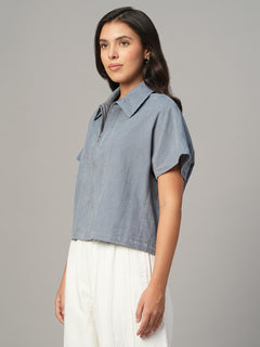 Women's Grey 100% Cotton Regular Fit Blouse