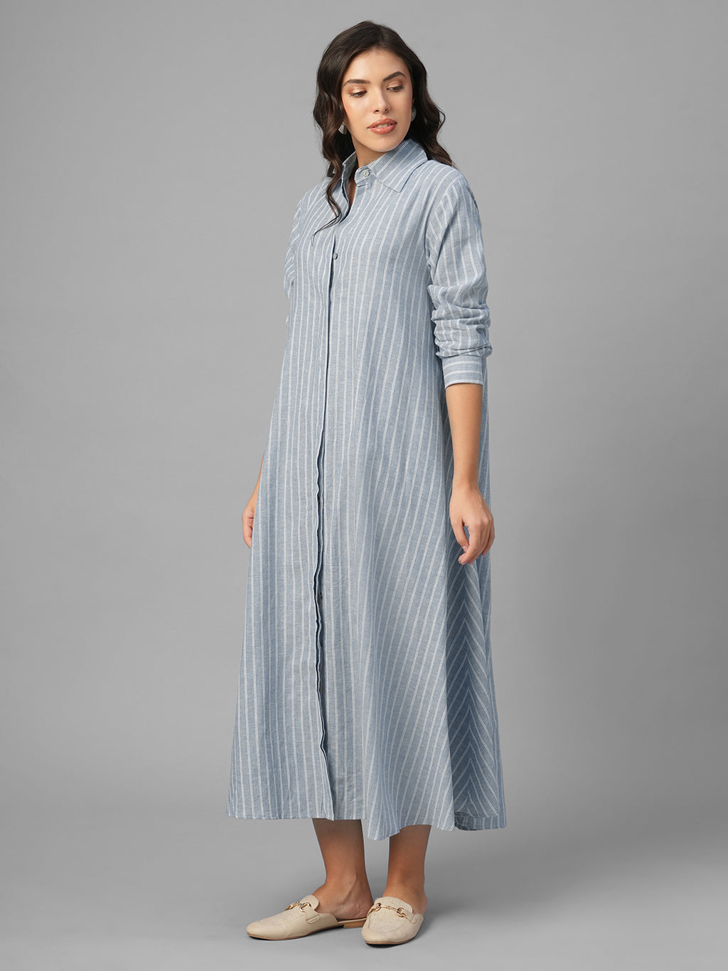 Women's Blue Linen Cotton Regular Fit Dress