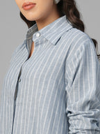 Women's Blue Linen Cotton Regular Fit Dress