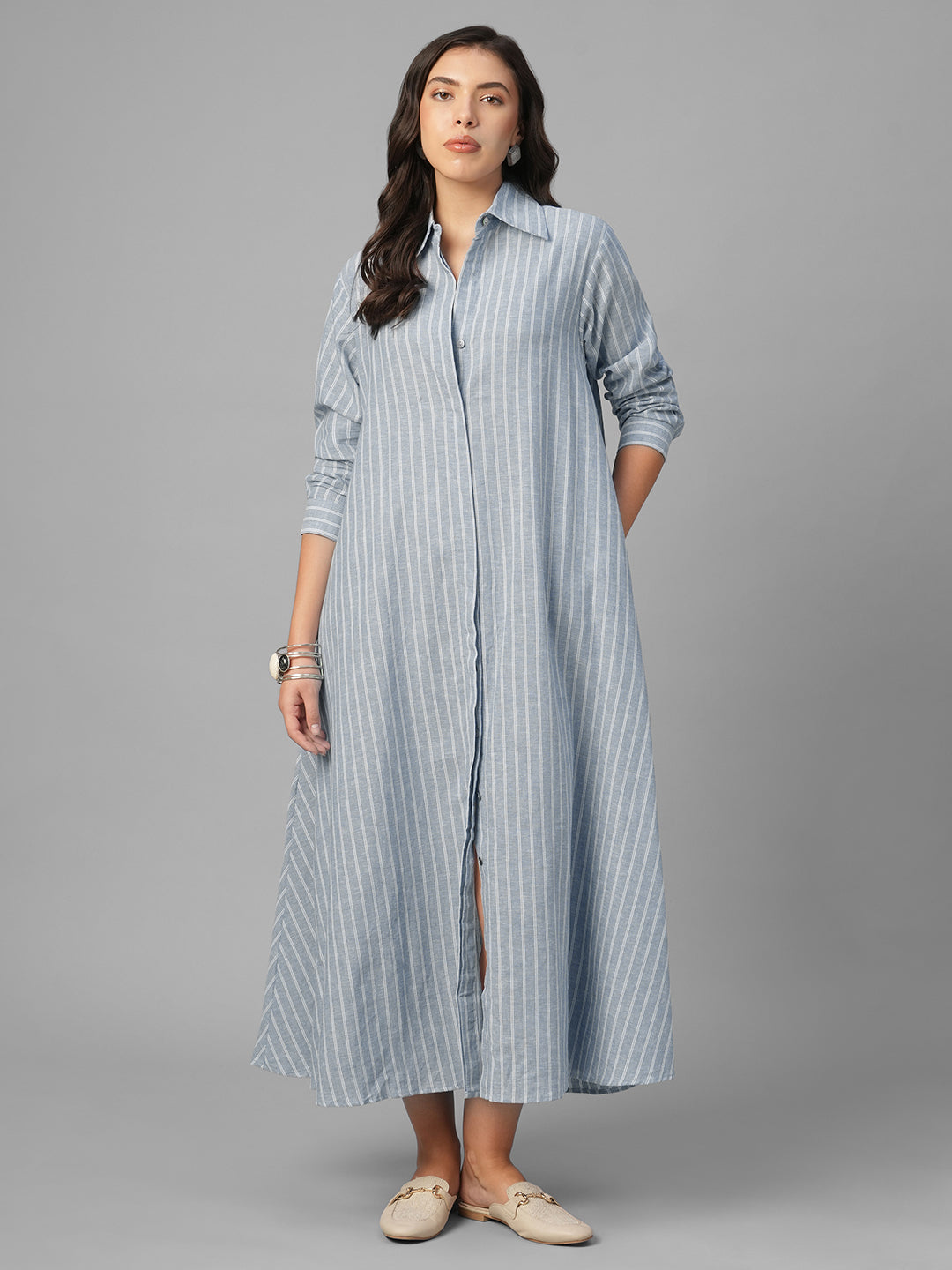 Women's Blue Linen Cotton Regular Fit Dress