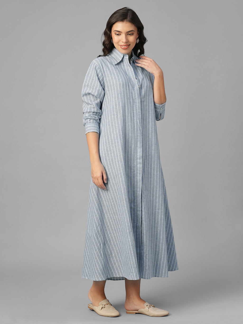 Women's Blue Linen Cotton Regular Fit Dress