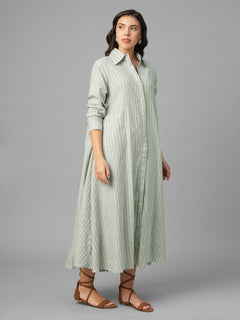 Women's Olive Linen Cotton Regular Fit Dress
