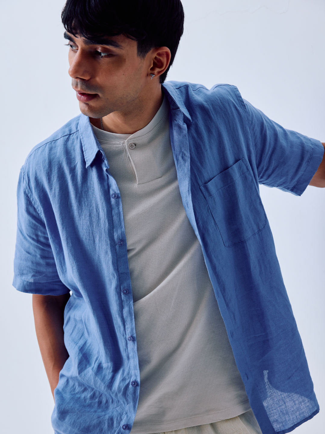 Men's Blue 100% Linen Regular Fit Shirt