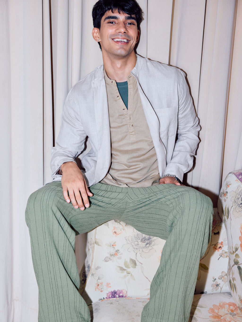 Men's Green Linen Viscose Loose Fit Pant