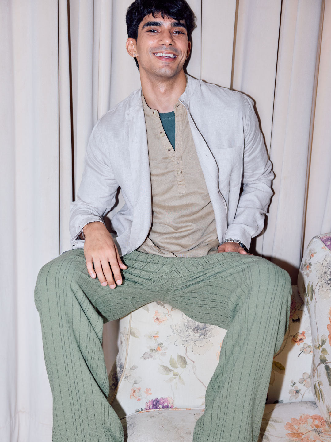 Men's Green Linen Viscose Loose Fit Pant