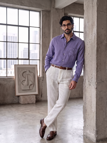 Men's Lilac 100% Linen Regular Fit Shirt