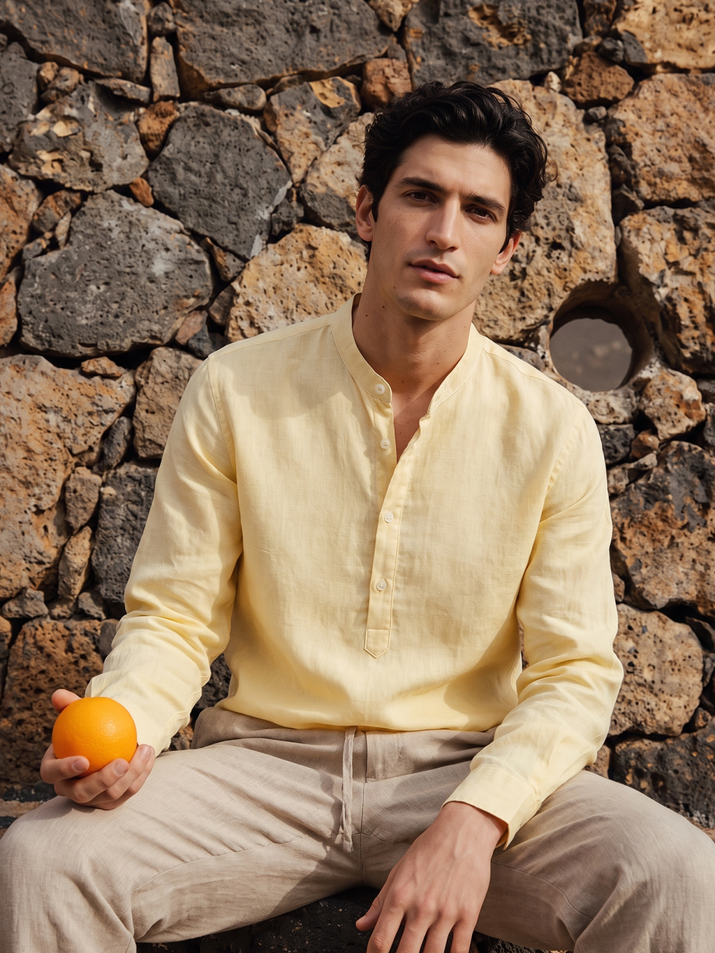 Men's Yellow Tencel Linen Regular Fit Shirt