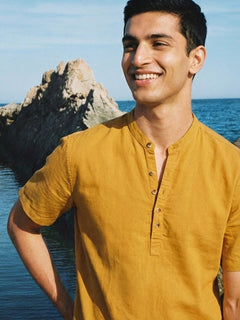 Men’s Linen Cotton Regular Fit Shirt Mustard