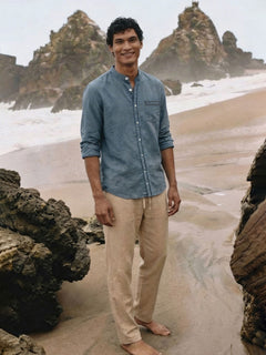 Men's Blue Linen Cotton Regular Fit Shirt