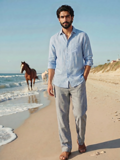 Men's Navy Cotton Linen Regular Fit Pant