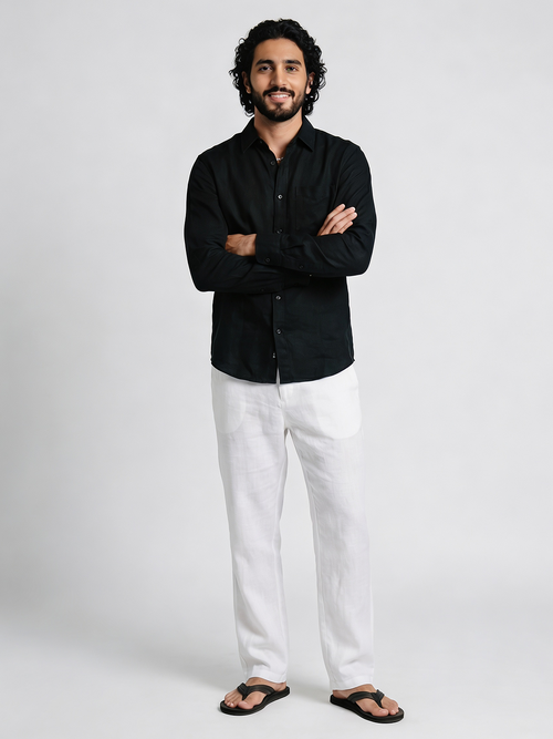 Men's White Cotton Linen Regular Fit Pant