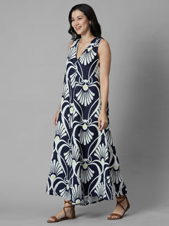 Women's Navy 100% Linen Regular Fit Jumpsuit