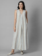 Women's Cream Linen Viscose Regular Fit Jumpsuit