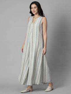 Women's Cream Linen Viscose Regular Fit Jumpsuit