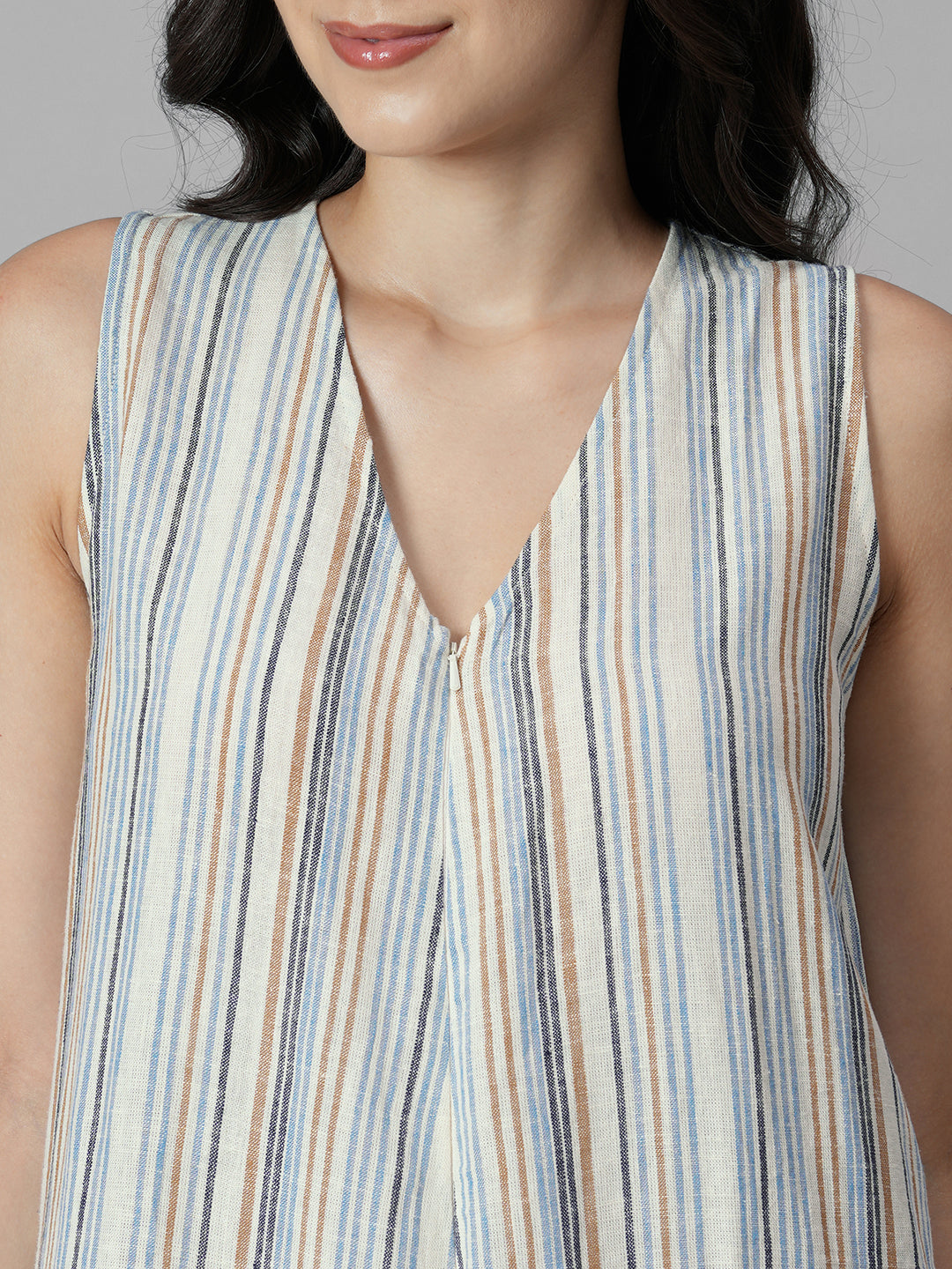 Women's Cream Linen Viscose Regular Fit Jumpsuit