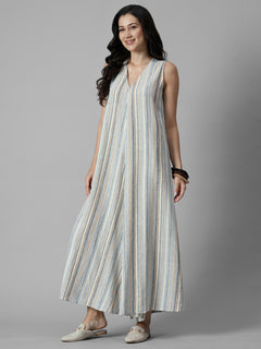 Women's Cream Linen Viscose Regular Fit Jumpsuit