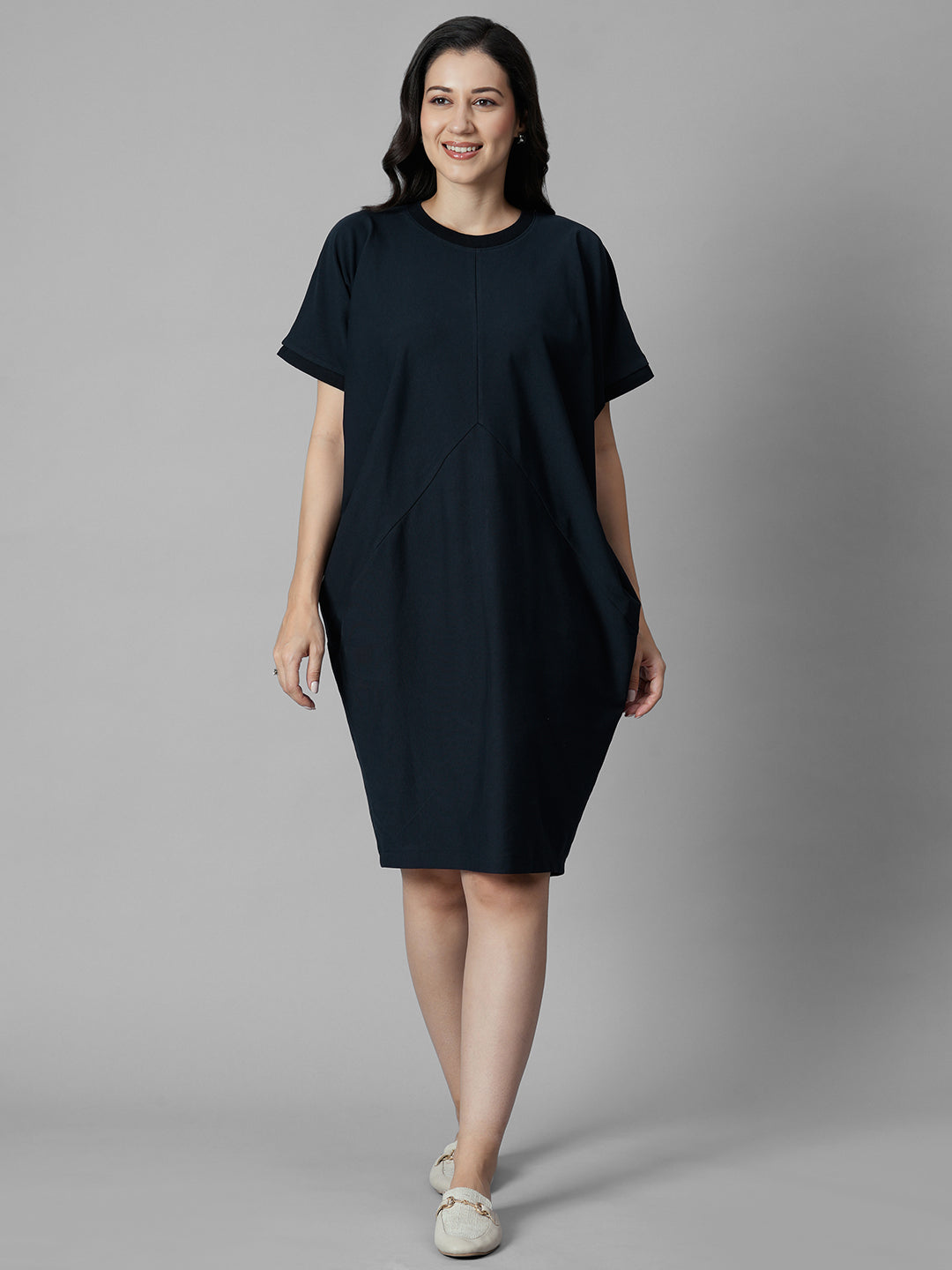 Women's Navy Cotton Elastane Boxy Fit Knit Dress