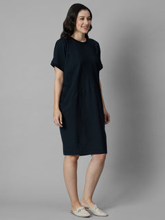 Women's Navy Cotton Elastane Boxy Fit Knit Dress