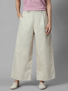 Women's Beige Cotton Lycra Regular Fit Pant