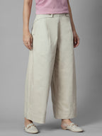 Women's Beige Cotton Lycra Regular Fit Pant