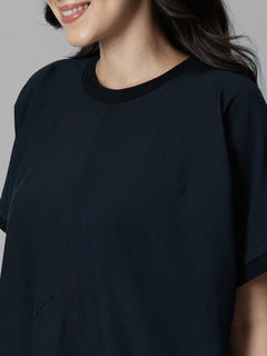 Women's Navy Cotton Elastane Boxy Fit Knit Dress