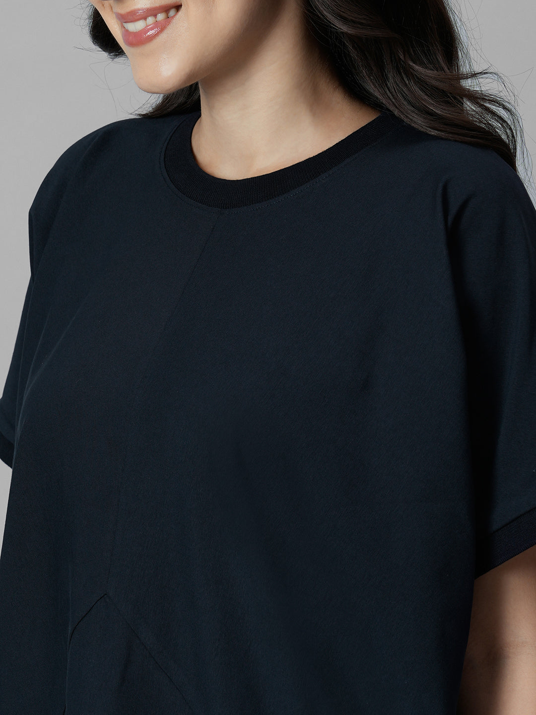 Women's Navy Cotton Elastane Boxy Fit Knit Dress