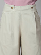 Women's Beige Cotton Lycra Regular Fit Pant