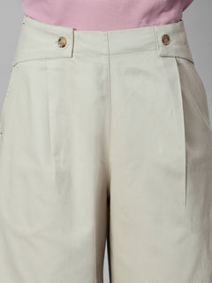 Women's Beige Cotton Lycra Regular Fit Pant