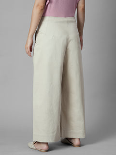 Women's Beige Cotton Lycra Regular Fit Pant