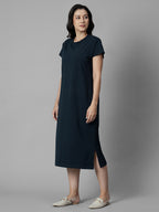 Women's Navy Cotton Elastane Regular Fit Knit Dress
