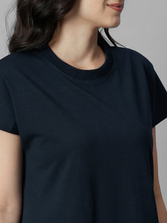 Women's Navy Cotton Elastane Regular Fit Knit Dress
