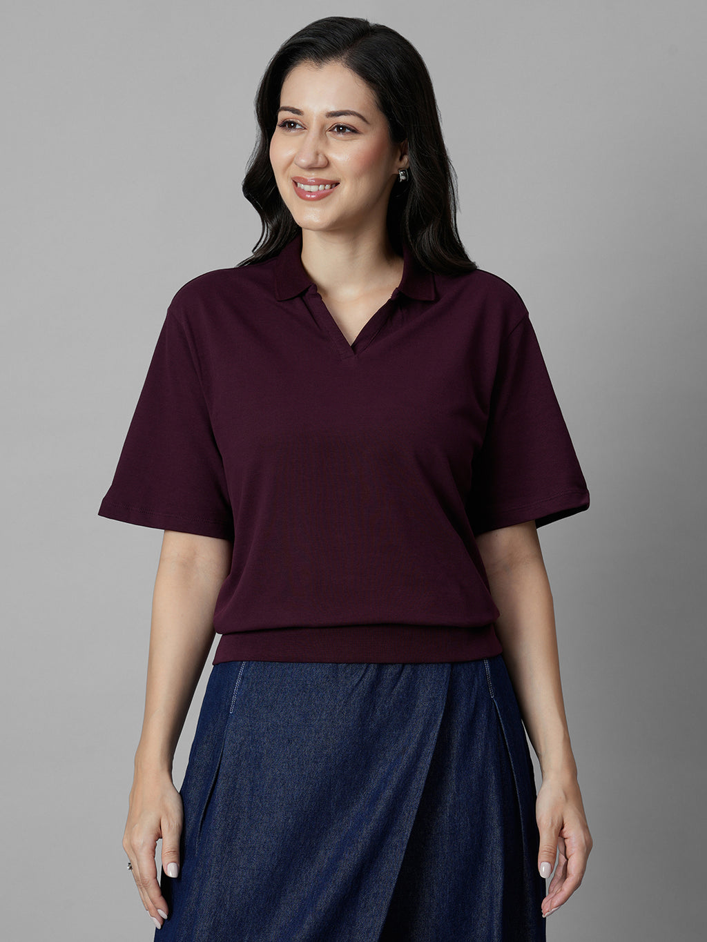 Women's Wine Cotton Elastane Regular Fit Tshirt
