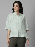 Women's Green 100% Linen Boxy Fit Blouse