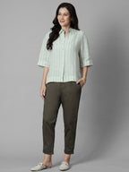 Women's Green 100% Linen Boxy Fit Blouse