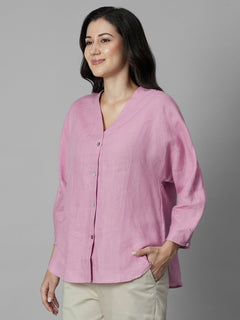 Women's Pink 100% Linen Regular Fit Blouse