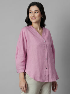 Women's Pink 100% Linen Regular Fit Blouse
