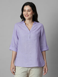 Women's Lilac 100% Linen Regular Fit Blouse