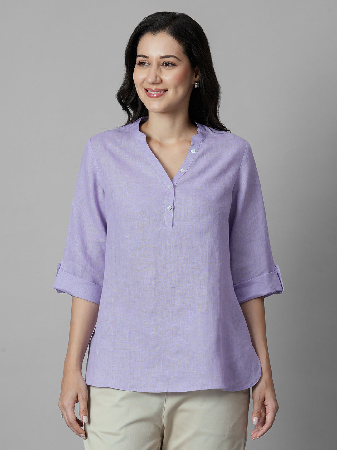 Women's Lilac 100% Linen Regular Fit Blouse