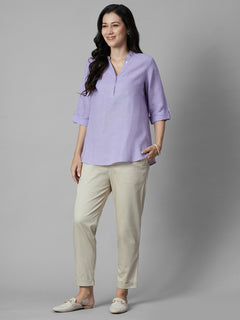 Women's Lilac 100% Linen Regular Fit Blouse