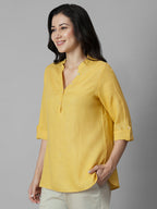 Women's Yellow 100% Linen Regular Fit Blouse