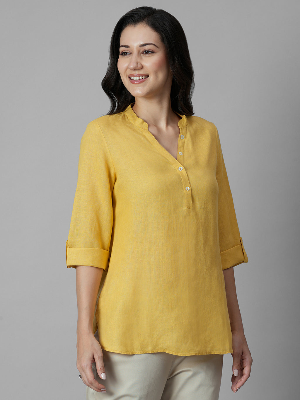 Women's Yellow 100% Linen Regular Fit Blouse