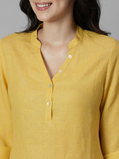 Women's Yellow 100% Linen Regular Fit Blouse