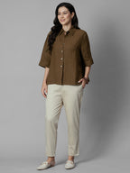Women's Brown 100% Linen Boxy Fit Blouse