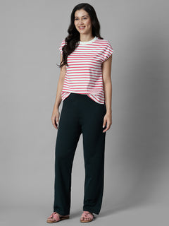 Women's Navy Cotton Elastane Regular Fit Knit Pant