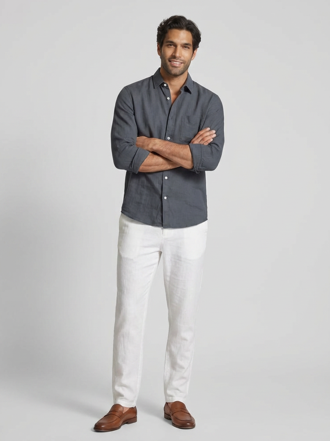 Men's Navy 100% Linen Regular Fit Shirt