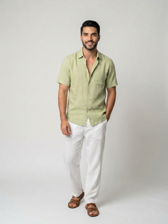Men's Green 100% Linen Regular Fit Shirt