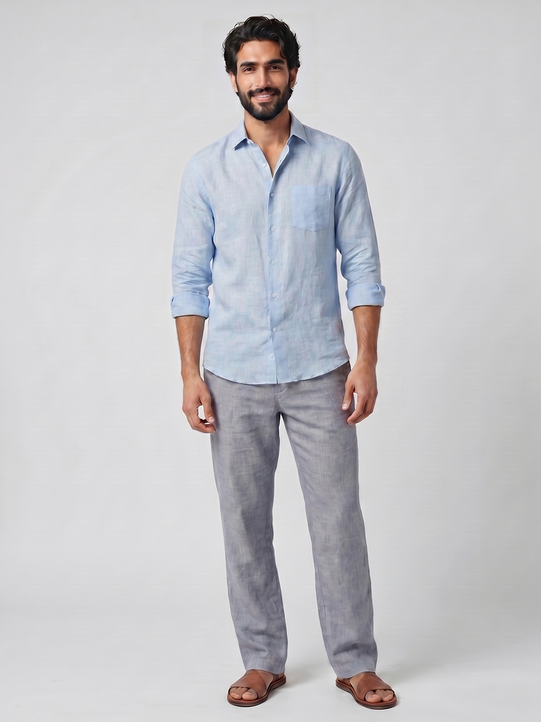 Men's Navy Cotton Linen Regular Fit Pant