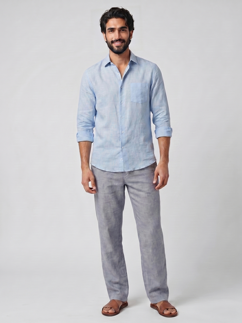 Men's Navy Cotton Linen Regular Fit Pant