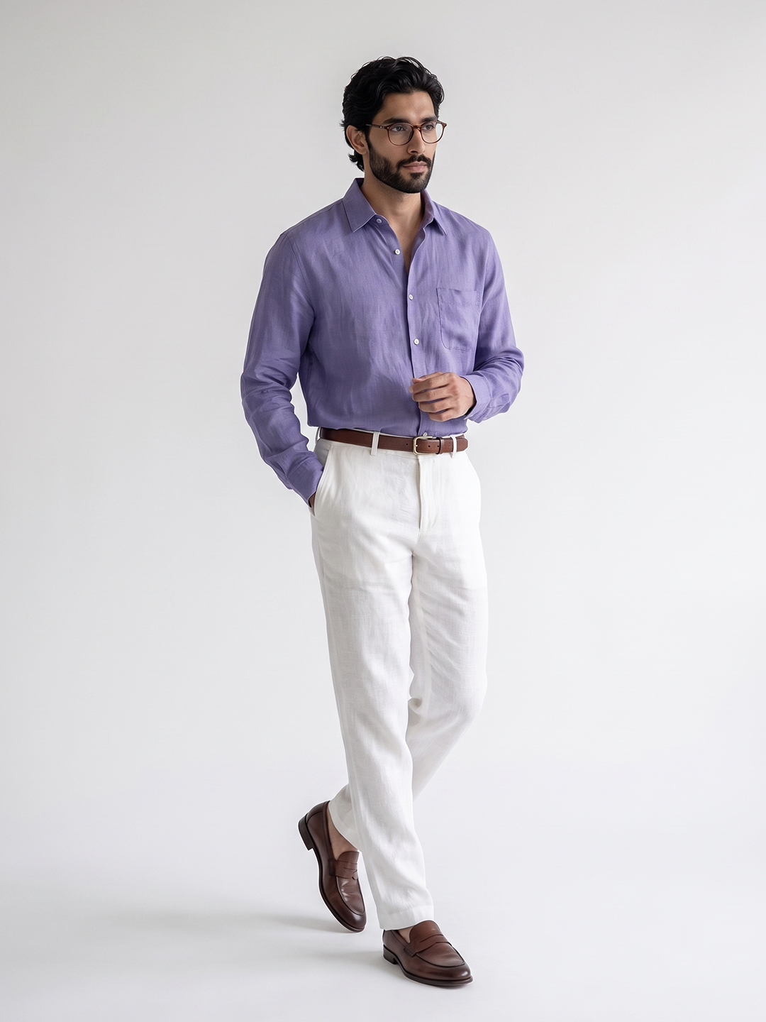 Men's Lilac 100% Linen Regular Fit Shirt