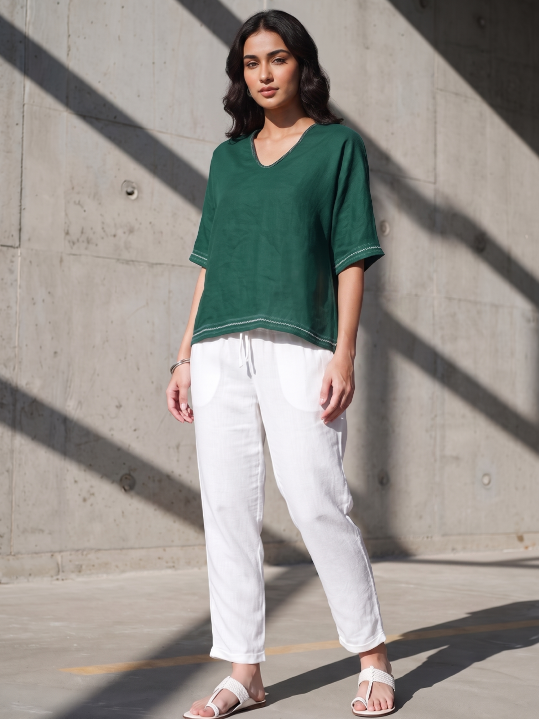 Women's Green 100% Linen Boxy Fit Blouse